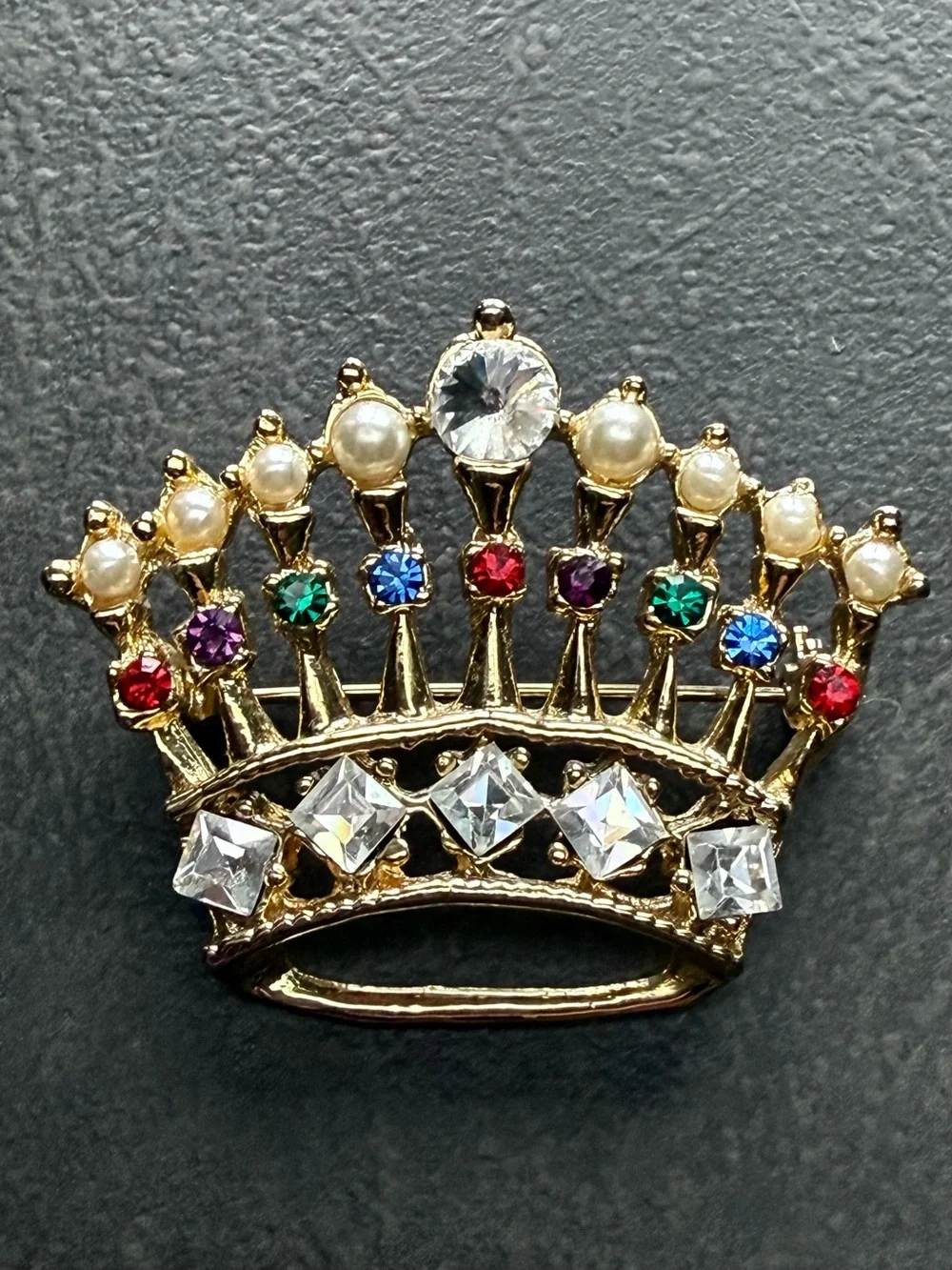 Vintage Gold Crown Brooch with Multicolor Gems and Seed Pearls